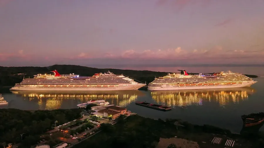 Caribbean cruise ships in port near tropical islands